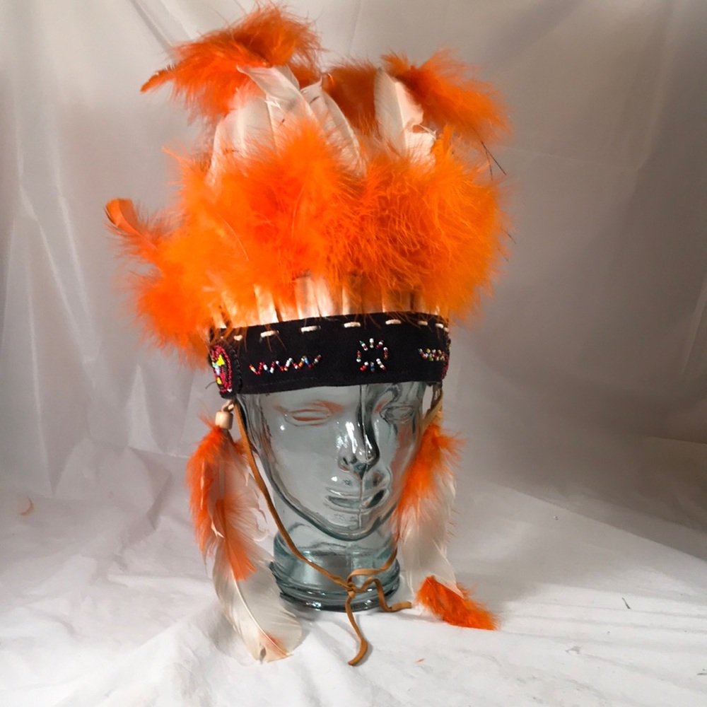 Unisex Large Orange and White Feathered & Hand Beaded Indian Headdress Hat